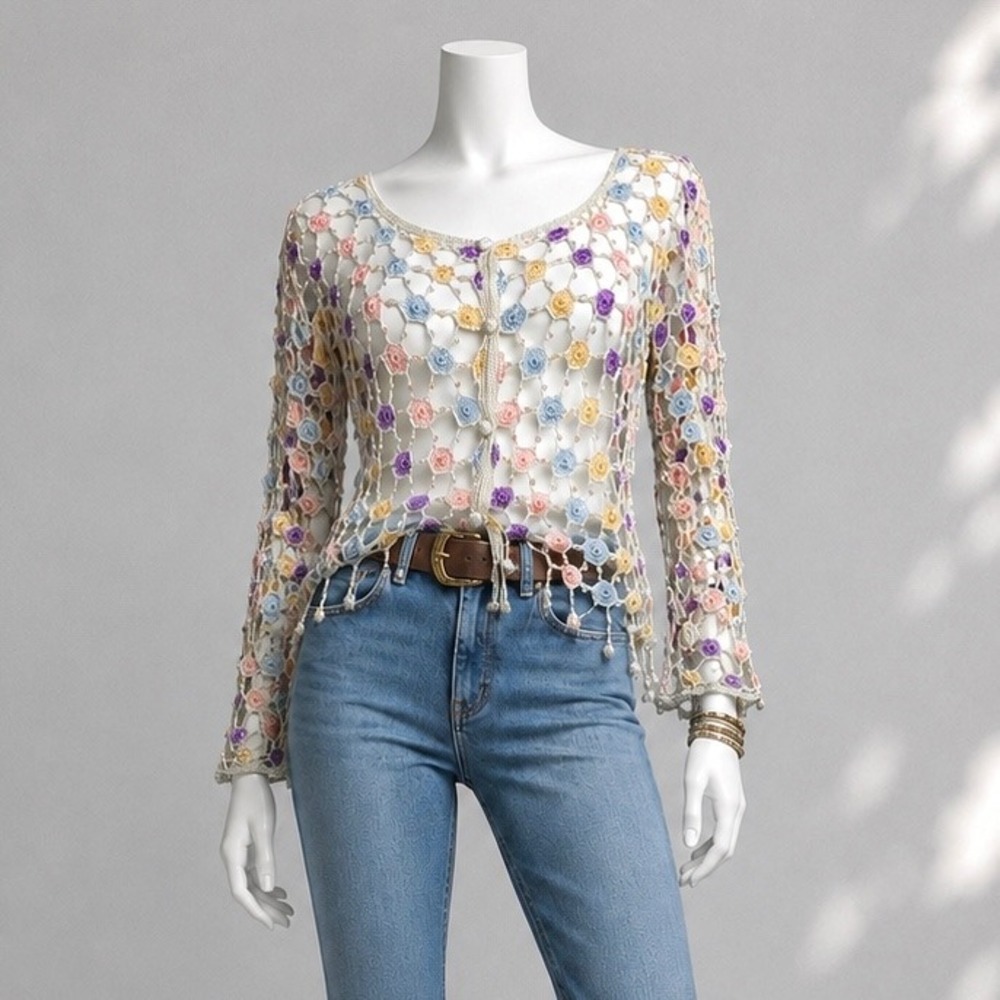 Susan Collection 90s Y2K Crochet Sweater Top Pastel Floral Fairycore Boho M